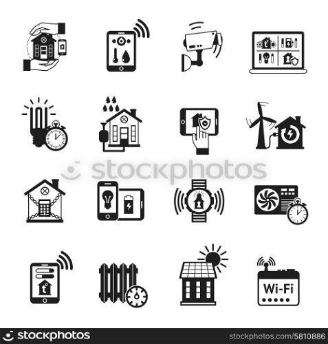 Smart house automatic heating control and security camera protection system black icons set abstract isolated vector illustration. Smart house black icons set