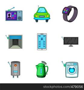 Smart house automation techology security control icons set. Cartoon set of 9 smart house automation techology security control vector icons for web isolated on white background. Smart house automation techology security control