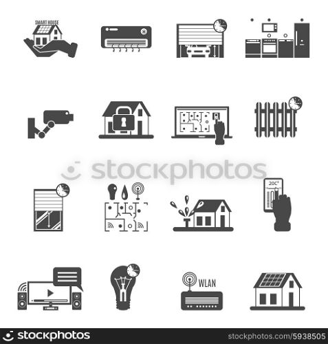 Smart House Black White Icons Set . Smart house black white icons set with video control electricity and climate control symbols flat isolated vector illustration