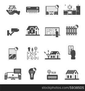 Smart House Black White Icons Set . Smart house black white icons set with video control electricity and climate control symbols flat isolated vector illustration