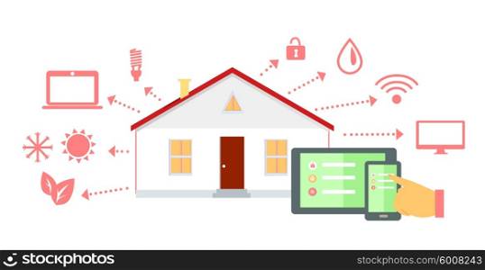Smart house concept icon flat design. Home technology, digital security, communication system, automation and control, energy and light, building and power illustration. Smart house concept on white