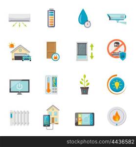 Smart House Flat Icons Set. Smart house flat icons set with electronic technologies for comfort and safety isolated vector illustration