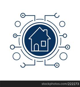 Smart house flat linear long shadow icon. Smart home in microchip pathways. Vector line symbol. Smart house flat linear long shadow icon