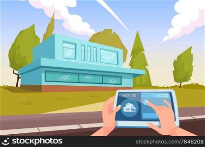 Smart house guard flat composition with outdoor view of house with remote control app for tablet vector illustration