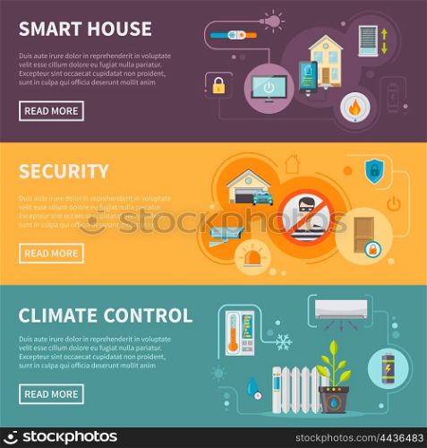 Smart House Horizontal Banners Set. Smart house horizontal banners set with security system and climate control isolated vector illustration