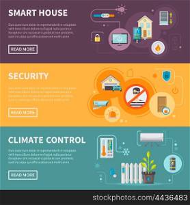 Smart House Horizontal Banners Set. Smart house horizontal banners set with security system and climate control isolated vector illustration