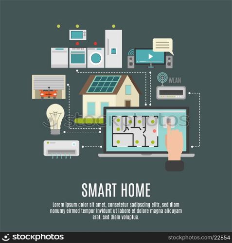 Smart house iot flat icon poster. Smart house iot remote computer control flexibility reliability and protection systems flat background poster abstract vector illustration