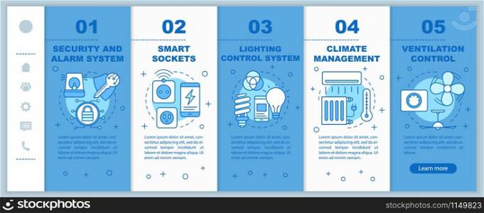 Smart house onboarding mobile web pages vector template. Home automation. Responsive smartphone website interface idea with linear illustrations. Webpage walkthrough step screens. Color concept
