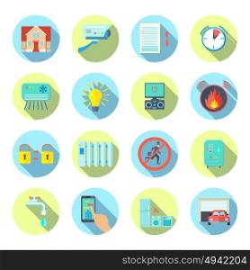Smart House Round Icons Set . Smart house round shadow icons set with safety system symbols flat isolated vector illustration