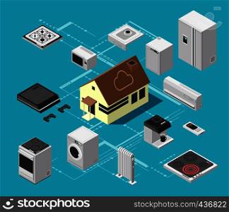 Smart house technology system and wireless electronic equipment isometric vector concept. Device equipment wireless control. Vector illustration. Smart house technology system and wireless electronic equipment isometric vector concept