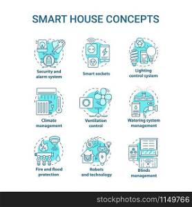 Smart house turquoise concept icons set. Innovative technology for apartments idea thin line illustration. Smoke detectors. Home automation. Vector isolated outline drawing. Editable stroke