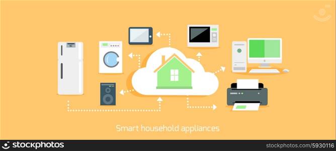 Smart household appliances icon flat design. Home equipment technology, automation printer and music, microwave and washing machine, computer device illustration