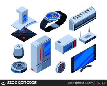 Smart households objects. Home tools with internet technologies electronic security devices control monitor vector isometric pictures. Illustration of electronic house, smart internet control. Smart households objects. Home tools with internet technologies electronic security devices control monitor vector isometric pictures