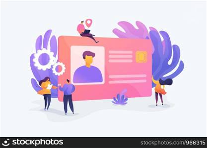 Smart ID card, electronic identity card, plastic smartcard and personal information chipcard concept. Vector isolated concept illustration with tiny people and floral elements. Hero image for website.. Smart ID card vector illustration.