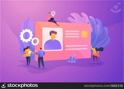 Smart ID card, electronic identity card, plastic smartcard and personal information chipcard concept. Vector isolated concept illustration with tiny people and floral elements. Hero image for website.. Smart ID card vector illustration.