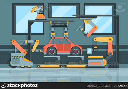 Smart industry. Conveyor with robotic hands machining systems garish vector cartoon background. Manufacture factory cartoon, industrial system line illustration. Smart industry. Conveyor with robotic hands machining systems garish vector cartoon background