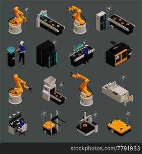 Smart industry intelligent manufacturing technologies with 3d printing remote controlled automated robots holographic projections isolated vector illustration . Smart Industry Isometric Icons Set