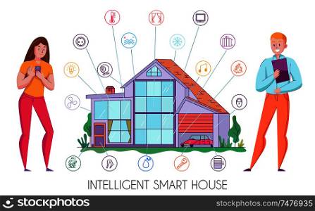 Smart intelligent house technology flat composition with owners controlling iot devices with tablet and smartphone vector illustration