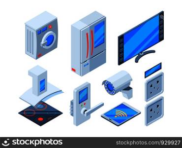 Smart internet objects. Household appliances speakers clocks microwave control future technologies web objects vector isometric. Illustration of automatic electronic, security and smart innovation. Smart internet objects. Household appliances speakers clocks microwave control future technologies web objects vector isometric