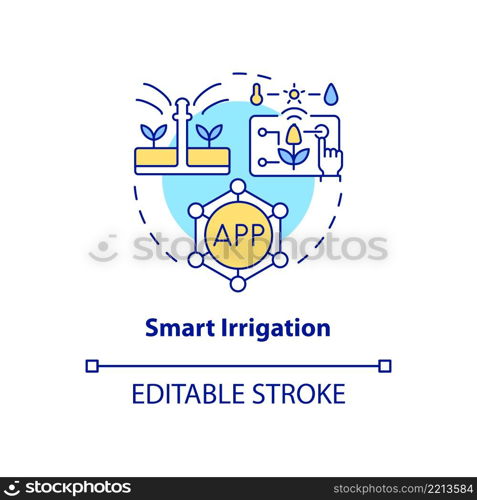 Smart irrigation concept icon. Home automation device abstract idea thin line illustration. Farm automation. Isolated outline drawing. Editable stroke. Arial, Myriad Pro-Bold fonts used. Smart irrigation concept icon