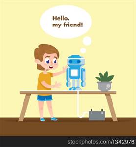 Smart Kid with Talking Robot Model. Flat Cartoon. Boy in School Tech Class Talk and Play with Robotics Electronics. Machine Character at Desk. Hobbies to Build Artificial Intelligence Communication.. Smart Kid with Talking Robot Model. Flat Cartoon
