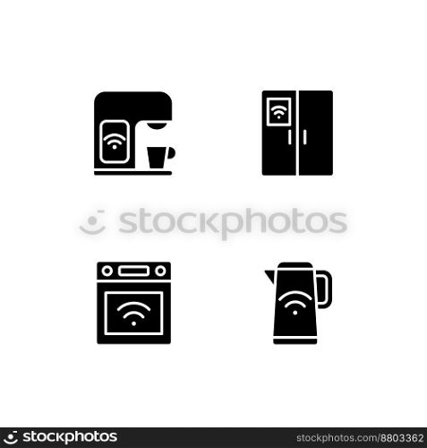Smart kitchen appliances black glyph icons set on white space. Devices for meal preparation. Smart home technology. Silhouette symbols. Solid pictogram pack. Vector isolated illustration. Smart kitchen appliances black glyph icons set on white space