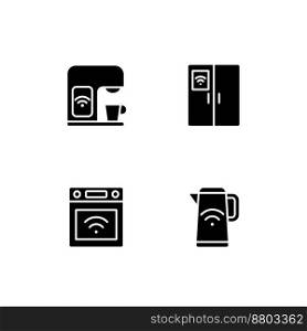 Smart kitchen appliances black glyph icons set on white space. Devices for meal preparation. Smart home technology. Silhouette symbols. Solid pictogram pack. Vector isolated illustration. Smart kitchen appliances black glyph icons set on white space