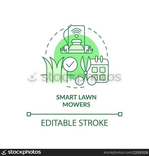 Smart lawn mowers green concept icon. Smart agriculture abstract idea thin line illustration. Autonomous machine. Isolated outline drawing. Editable stroke. Arial, Myriad Pro-Bold fonts used. Smart lawn mowers green concept icon