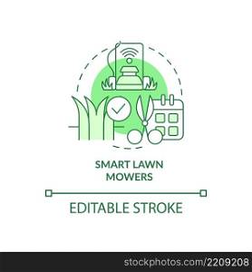 Smart lawn mowers green concept icon. Smart agriculture abstract idea thin line illustration. Autonomous machine. Isolated outline drawing. Editable stroke. Arial, Myriad Pro-Bold fonts used. Smart lawn mowers green concept icon
