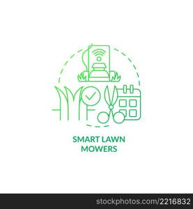 Smart lawn mowers green gradient concept icon. Smart agriculture abstract idea thin line illustration. Robotic device for yard mowing. Isolated outline drawing. Myriad Pro-Bold font used. Smart lawn mowers green gradient concept icon