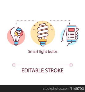 Smart light bulbs concept icon. Remote control of indoor lighting. Lamp control from smartphone. Home automation idea thin line illustration. Vector isolated outline drawing. Editable stroke