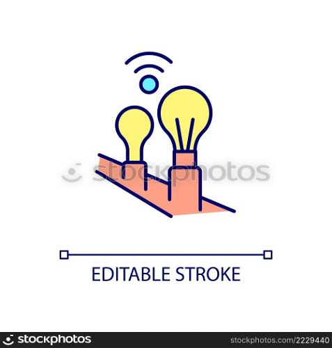 Smart light bulbs RGB color icon. Lighting automation and remote control. Internet connection. Isolated vector illustration. Simple filled line drawing. Editable stroke. Arial font used. Smart light bulbs RGB color icon