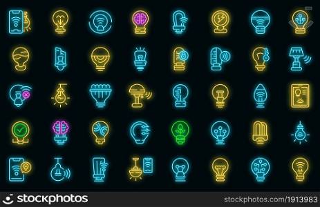 Smart lightbulb icons set. Outline set of smart lightbulb vector icons neon color on black. Smart lightbulb icons set vector neon