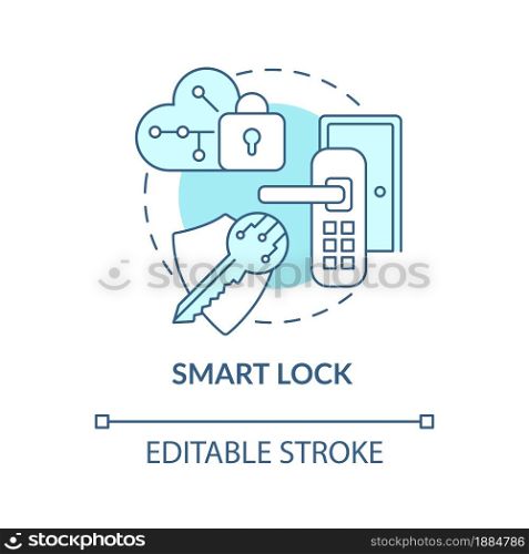 Smart lock blue concept icon. Electromechanical door lock abstract idea thin line illustration. Wireless security system. Home access with phone. Vector isolated outline color drawing. Editable stroke. Smart lock blue concept icon