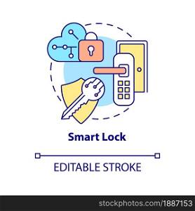 Smart lock concept icon. Electromechanical door lock abstract idea thin line illustration. Wireless security system. Home access with phone. Vector isolated outline color drawing. Editable stroke. Smart lock concept icon
