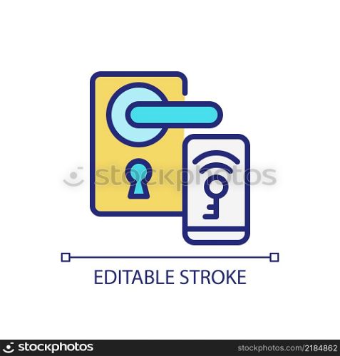 Smart locks pixel perfect RGB color icon. Unlock door with remote application. Internet of Things. Isolated vector illustration. Simple filled line drawing. Editable stroke. Arial font used. Smart locks pixel perfect RGB color icon