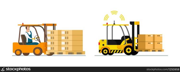 Smart Logistic. Automatic and Man-driven Forklift. Side View of Mechanical Forkliftcar Driving Cardboard Box and Loader with Wooden Pallet. Cargo Delivery. Flat Cartoon Vector Illustration. Smart Logistic. Automatic and Man-driven Forklift