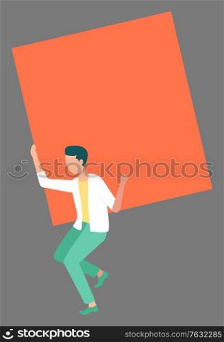 Smart Male Wearing Light Green Pants And Orange Shirt. Young Man Advertising Important Information . Copyspace On Banner. Man Wears a Banner Ad. Vector illustration in flat cartoon style. Smart Male Wearing Light Green Pants And Orange Shirt