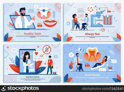 Smart Medicine and Healthcare Banner Flat Set. Healthy Tooth and Dental Checkup. Allergy Test for Diagnosis. Nutrition Control Application and Individual Diet Selection. Vector Cartoon Illustration. Smart Medicine and Healthcare Banner Flat Set