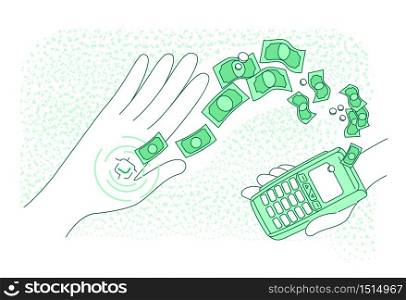 Smart microchip embedded in human hand thin line concept vector illustration. Cashless payment, people with NFC chip and terminal 2D cartoon characters for web design. Smart tech creative idea