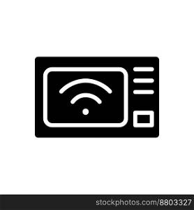 Smart microwave oven black glyph icon. Kitchen appliance. Remote control via smartphone. Internet of things. Silhouette symbol on white space. Solid pictogram. Vector isolated illustration. Smart microwave oven black glyph icon