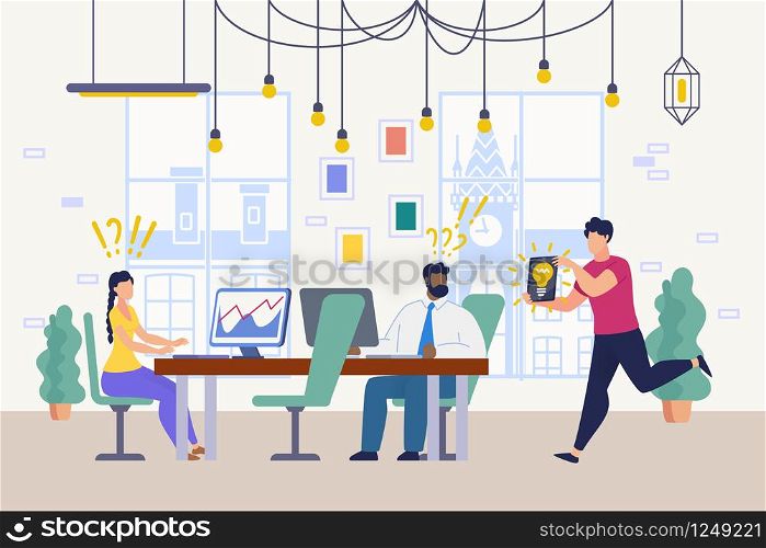 Smart New Idea for Business, Problem Unexpected Solution, Innovation in Work Flat Vector Concept. Company Office Workers Sitting at Desks, Surprised Because of Colleague Brilliant Idea Illustration