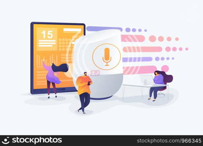 Smart office controller and voice commands, voice controlled office digital devices and Iot concept. Vector isolated concept creative illustration.. Smart speaker office controller concept vector illustration.