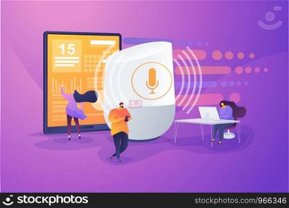 Smart office controller and voice commands, voice controlled office digital devices and Iot concept. Vector isolated concept creative illustration.. Smart speaker office controller concept vector illustration.