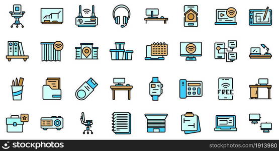 Smart office space icons set. Outline set of smart office space vector icons thin line color flat isolated on white. Smart office space icons set line color vector