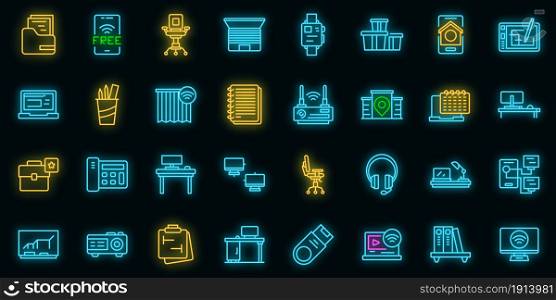 Smart office space icons set. Outline set of smart office space vector icons neon color on black. Smart office space icons set vector neon
