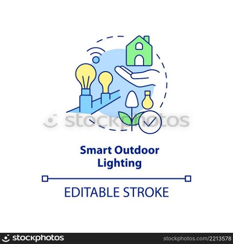 Smart outdoor lighting concept icon. Gardening innovation abstract idea thin line illustration. Using smart bulbs outdoor. Isolated outline drawing. Editable stroke. Arial, Myriad Pro-Bold fonts used. Smart outdoor lighting concept icon