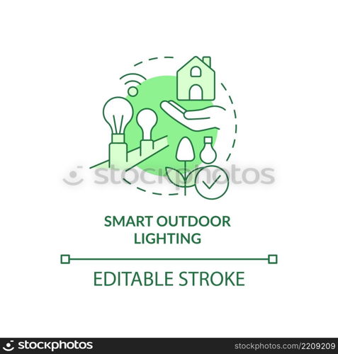 Smart outdoor lighting green concept icon. Farm innovation abstract idea thin line illustration. Sync with home network. Isolated outline drawing. Editable stroke. Arial, Myriad Pro-Bold fonts used. Smart outdoor lighting green concept icon