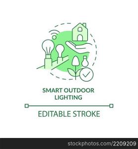 Smart outdoor lighting green concept icon. Farm innovation abstract idea thin line illustration. Sync with home network. Isolated outline drawing. Editable stroke. Arial, Myriad Pro-Bold fonts used. Smart outdoor lighting green concept icon