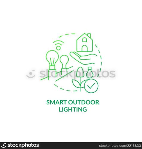 Smart outdoor lighting green gradient concept icon. Gardening innovation abstract idea thin line illustration. Saving money on power. Isolated outline drawing. Myriad Pro-Bold font used. Smart outdoor lighting green gradient concept icon